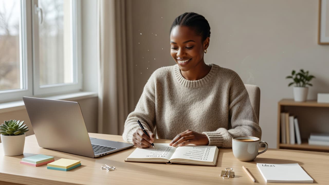 Woman smiling as she checks completed goals in her planner