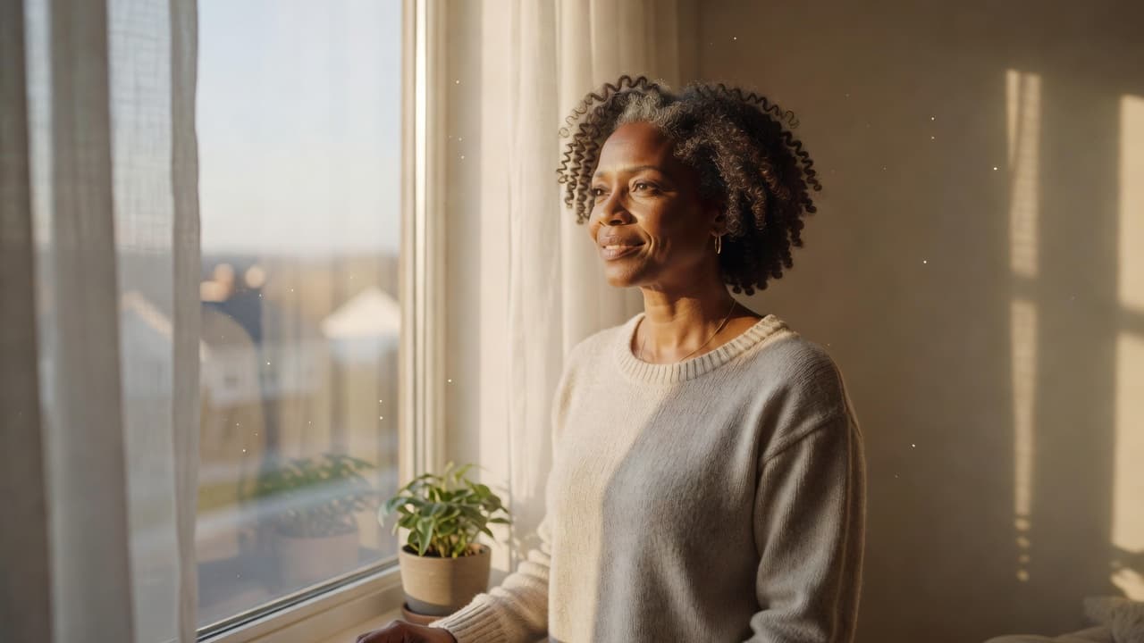 Woman reflecting quietly while standing near a bright window