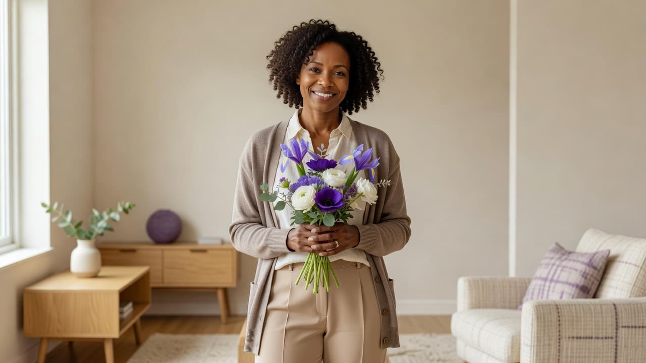 Woman celebrating herself with fresh flowers and a smile at home
