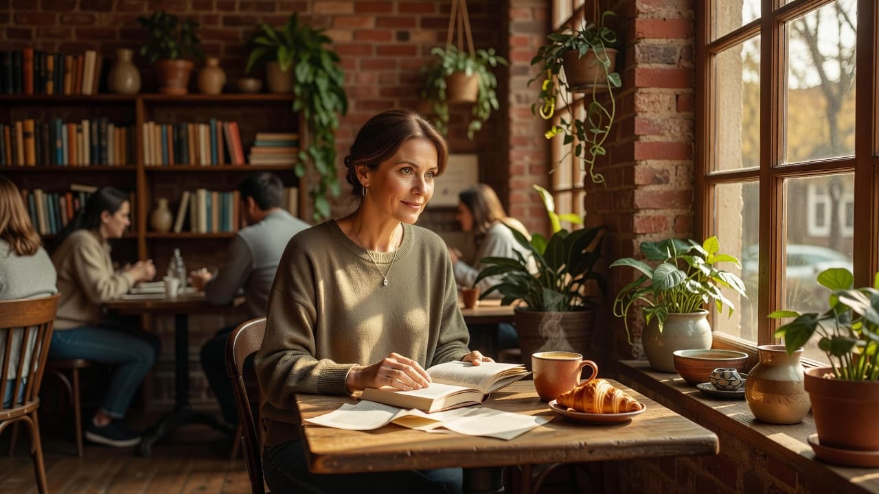 Woman enjoying a solo coffee date while reading a book