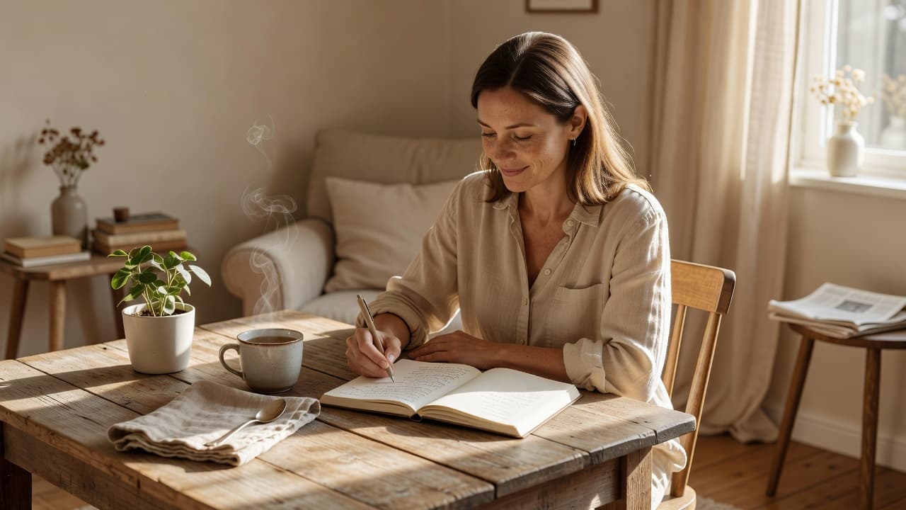 Woman writing a gratitude journal focused on personal growth