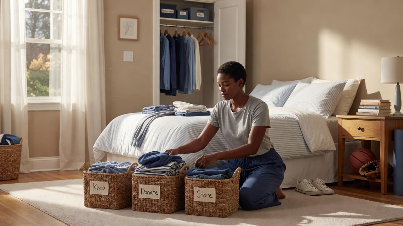 Mom sorting a teenager's clothes into keep, donate, and store piles during summer cleaning.