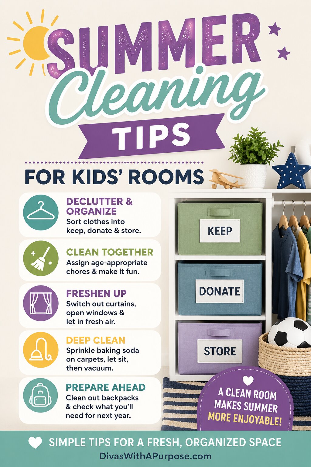 Pinterest infographic featuring simple summer cleaning tips for kids' rooms, including decluttering clothes, cleaning backpacks, freshening the room, and organizing for the next school year.