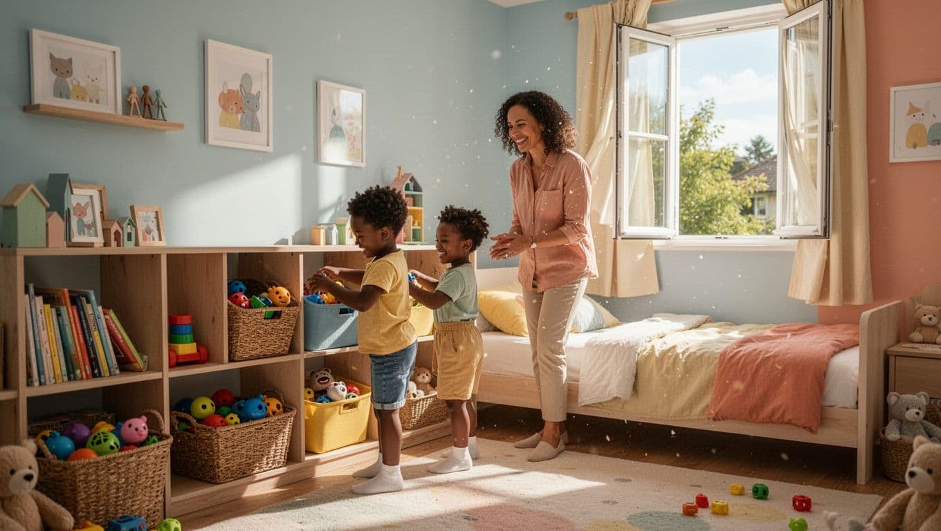 Parent and young child cleaning a bright bedroom together during summer cleaning.