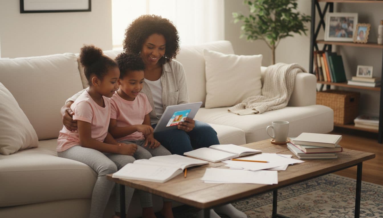 Parent sitting with children reviewing papers and a tablet at home