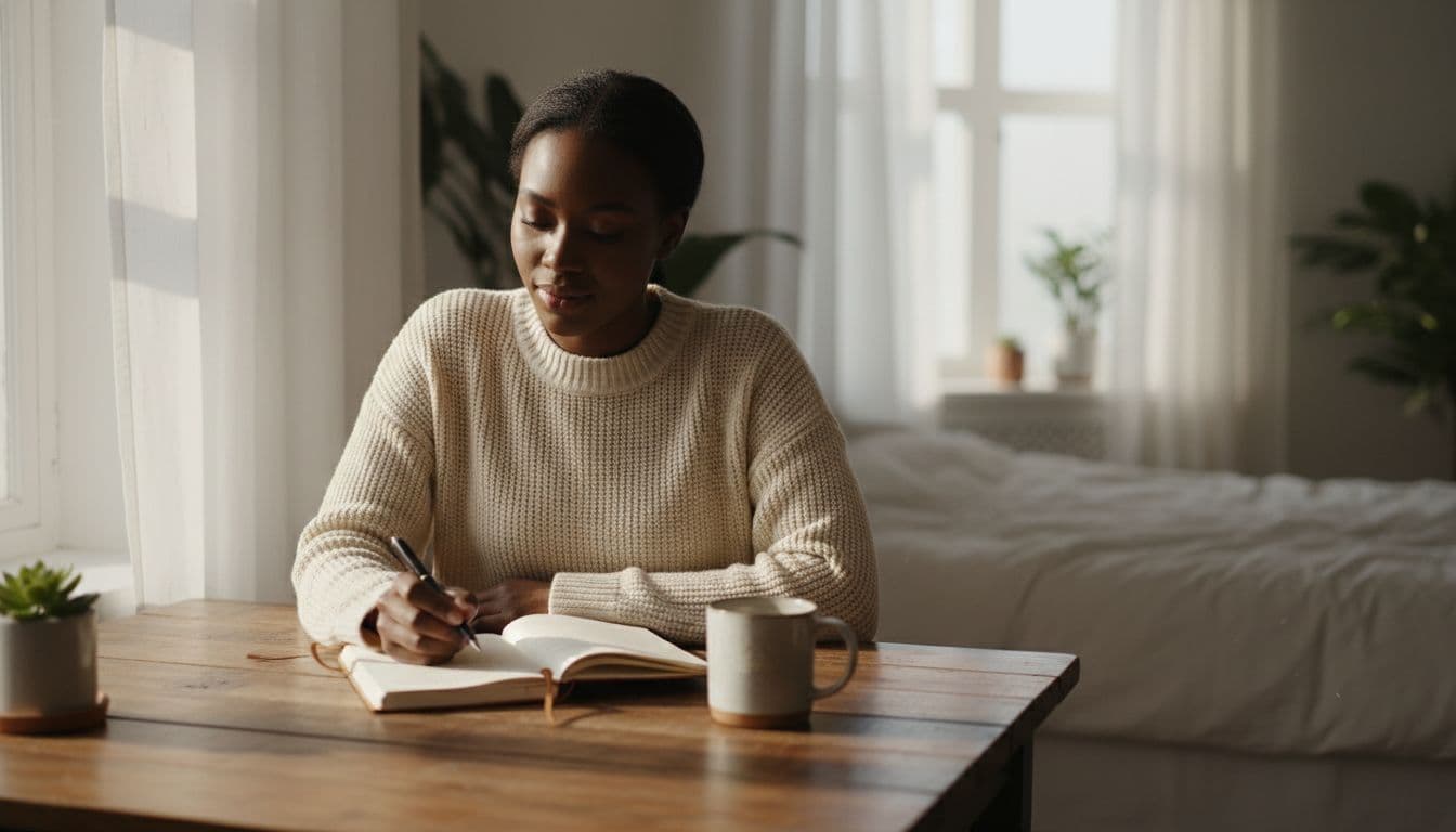 Woman journaling at a table with coffee in a calm morning setting