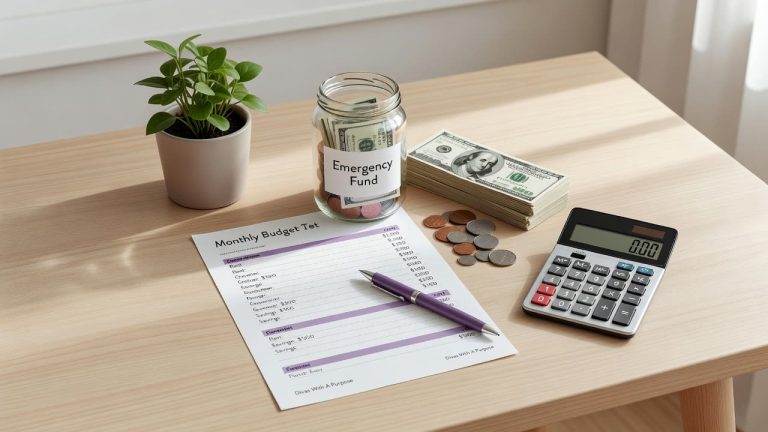 Glass jar labeled "Emergency Fund" beside a monthly budget, calculator, and savings cash on a desk.