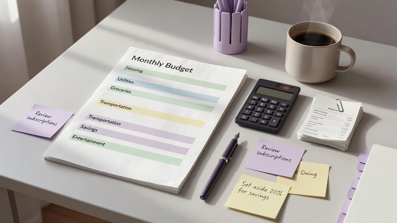 Budget worksheet, receipts, calculator, and pen used to review monthly household expenses.