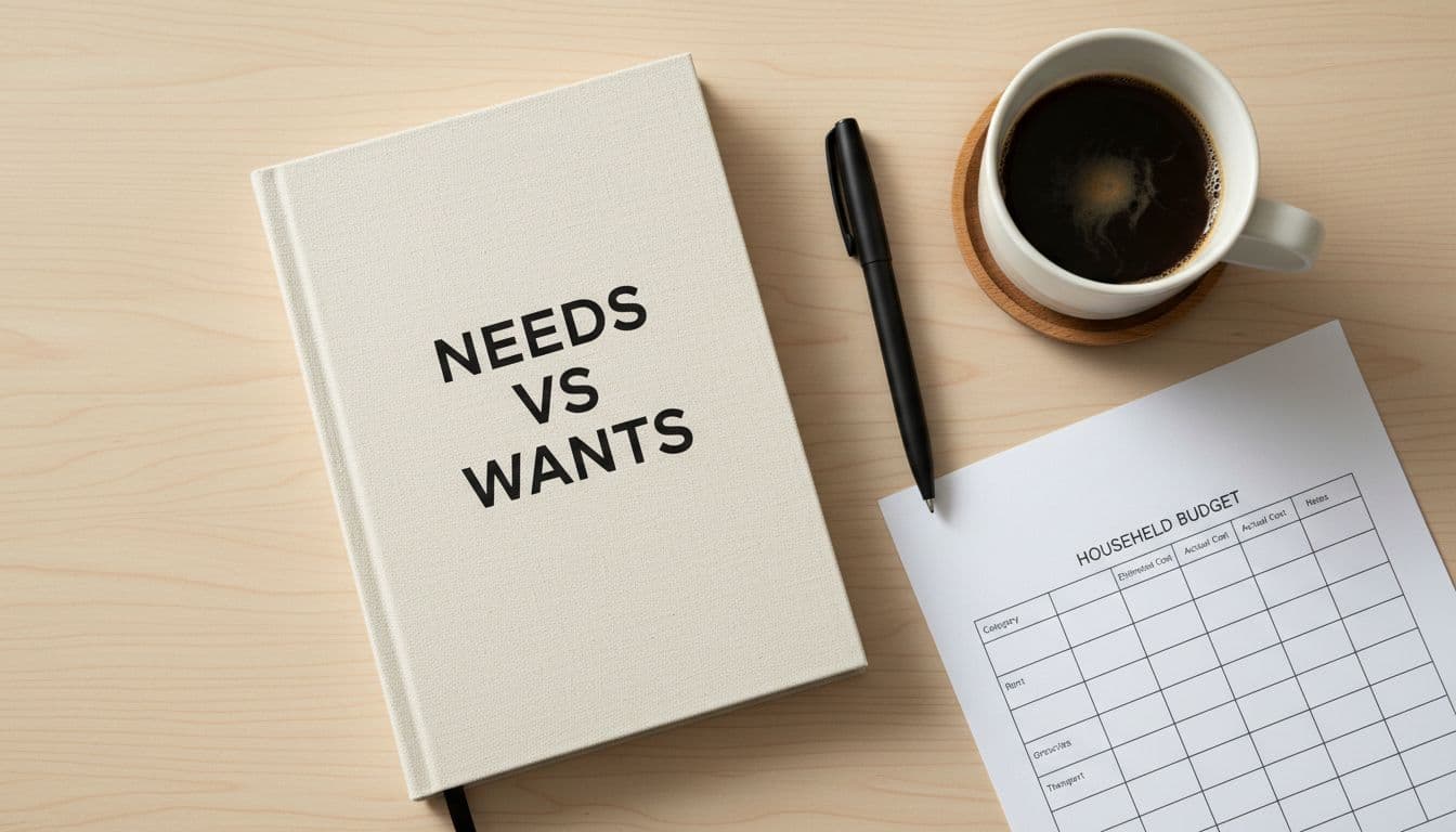 Notebook labeled needs vs wants beside a household budget sheet, pen, and coffee