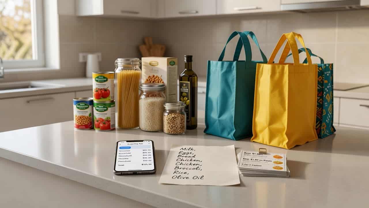 Grocery list, coupons, budgeting app, and household essentials used to reduce everyday expenses.