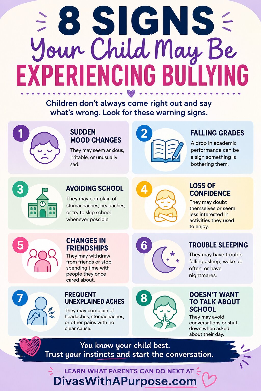 Colorful infographic showing eight warning signs a child may be experiencing bullying, including mood changes, falling grades, avoiding school, loss of confidence, friendship changes, trouble sleeping, unexplained aches, and reluctance to talk about school.
