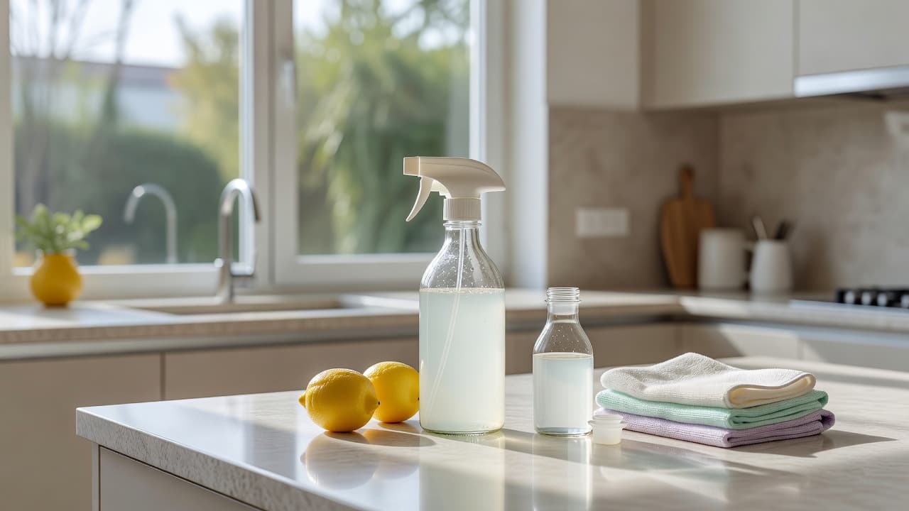 DIY vinegar cleaning spray with lemons and reusable cleaning cloths on a bright kitchen countertop.