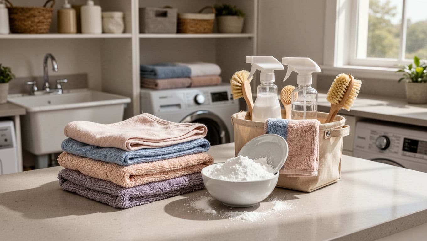 Reusable microfiber cloths, baking soda, spray bottles, and natural cleaning brushes displayed in a laundry room.