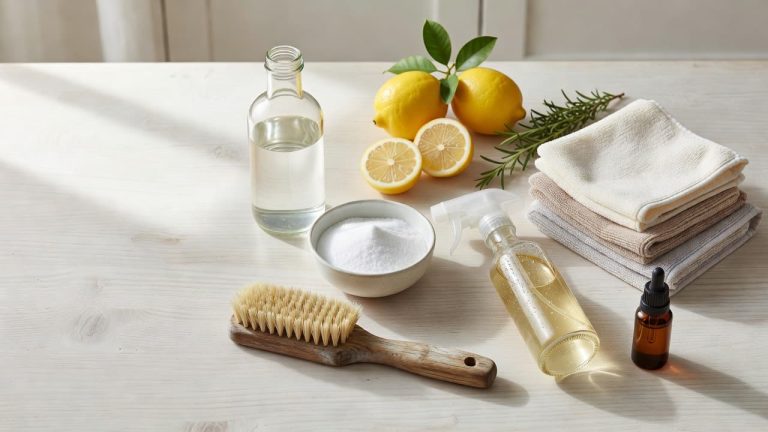 Natural cleaning supplies including vinegar, baking soda, lemons, reusable cloths, and a wooden scrub brush arranged on a countertop.