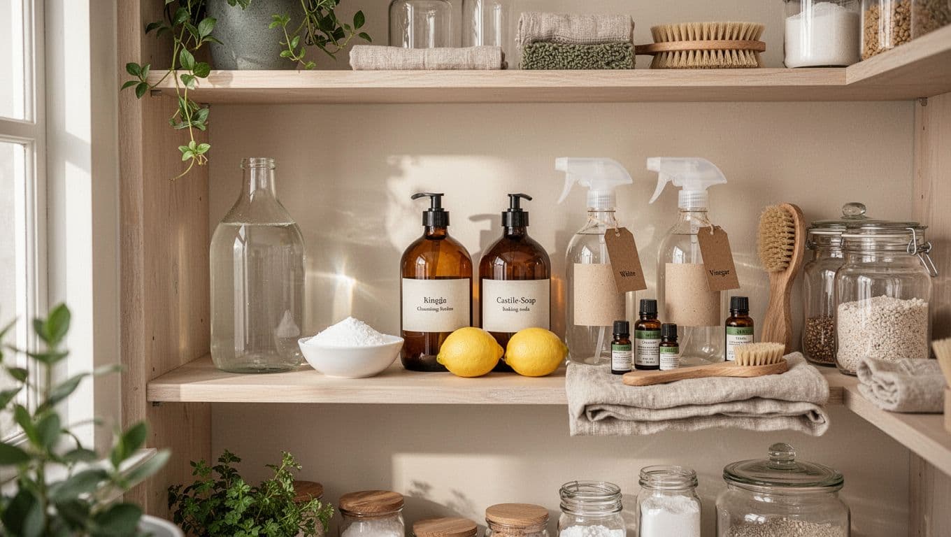 Shelf stocked with vinegar, castile soap, baking soda, essential oils, reusable cloths, and natural cleaning supplies.
