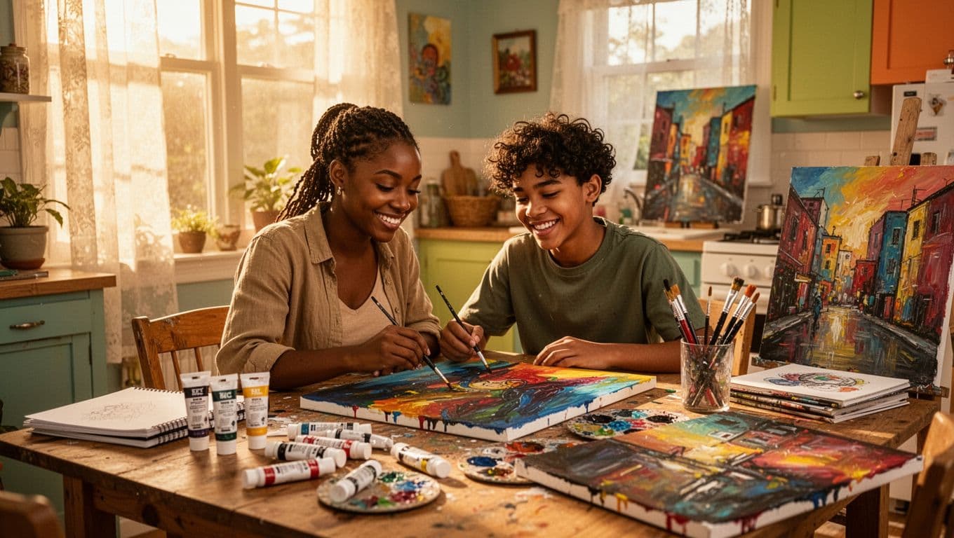 Mother and teenage son working on a creative project together at home