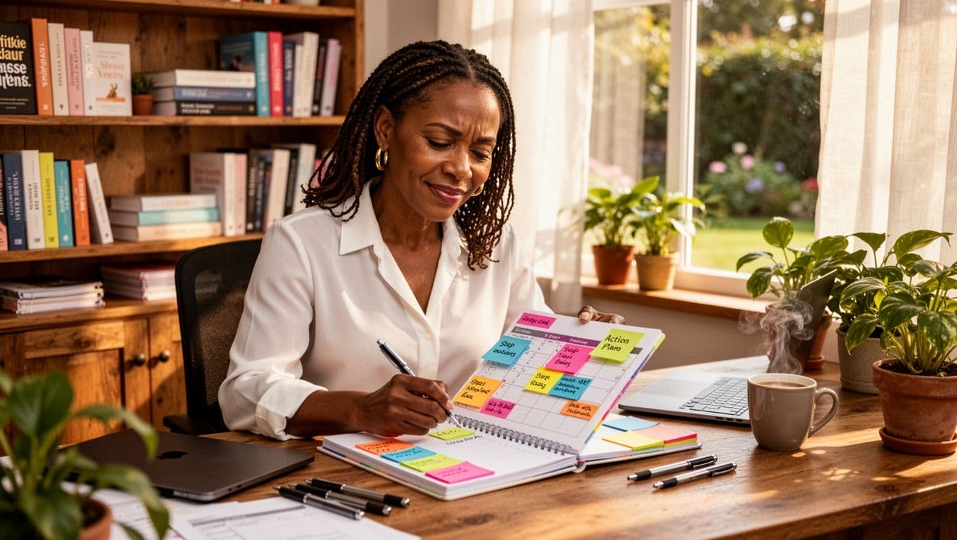 Black woman breaking down a goal into smaller steps in a notebook