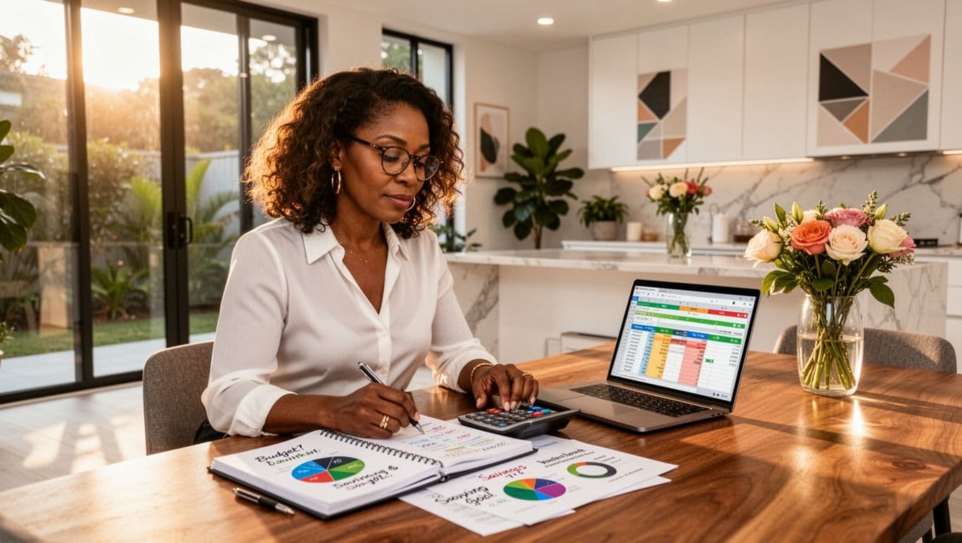 Black woman reviewing budget and savings plan at home