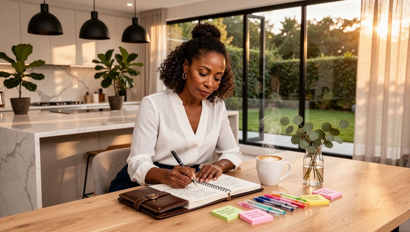 Black professional woman writing down personal goals in a notebook
