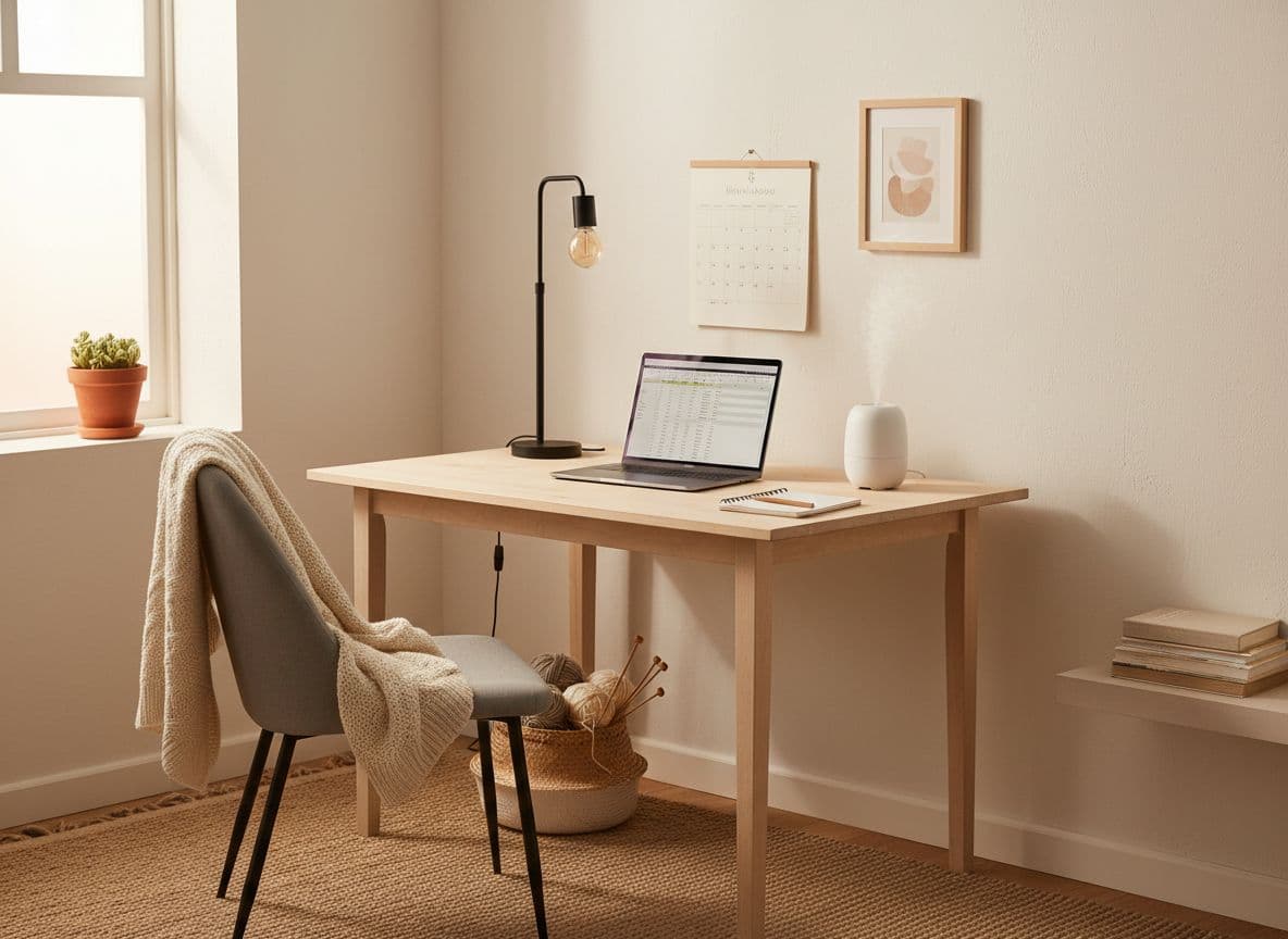 Simple and cozy home office essentials including a desk, lamp, calendar, and diffuser in a small work-from-home space