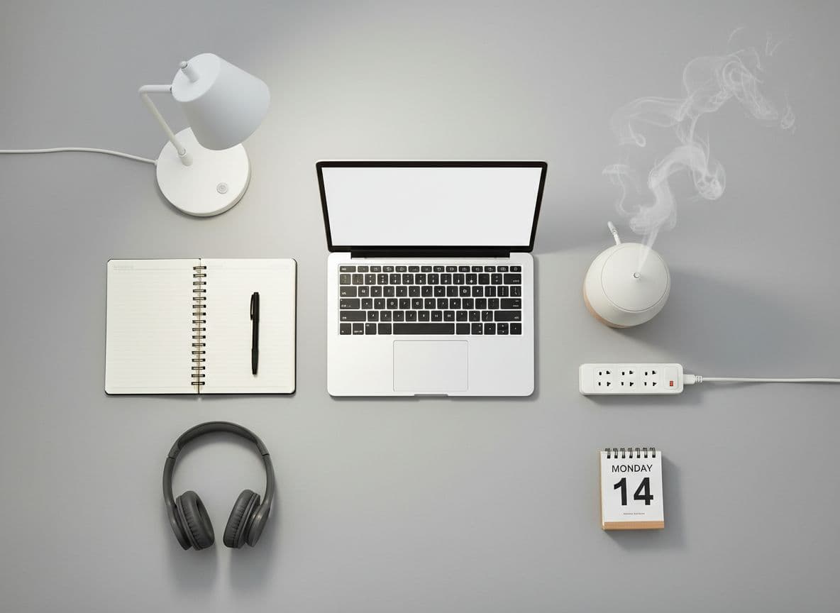Home office essentials flat lay with laptop, planner, headphones, lamp, diffuser, and surge protector