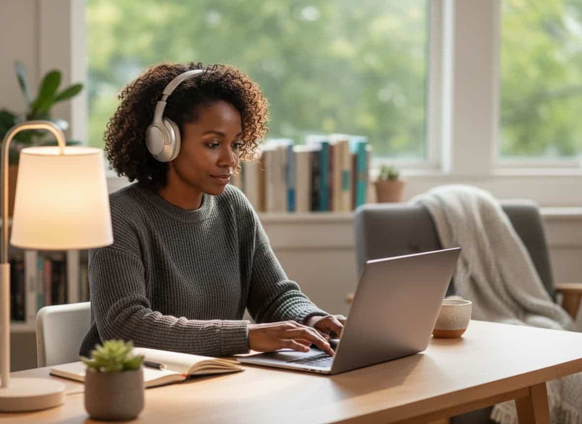 Focused Black woman working from home using essential home office tools in a calm workspace