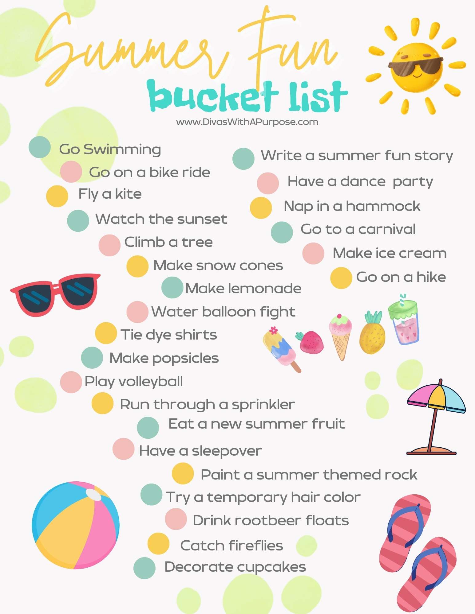 A list of Summer Fun Bucket List ideas from Divas With A Purpose