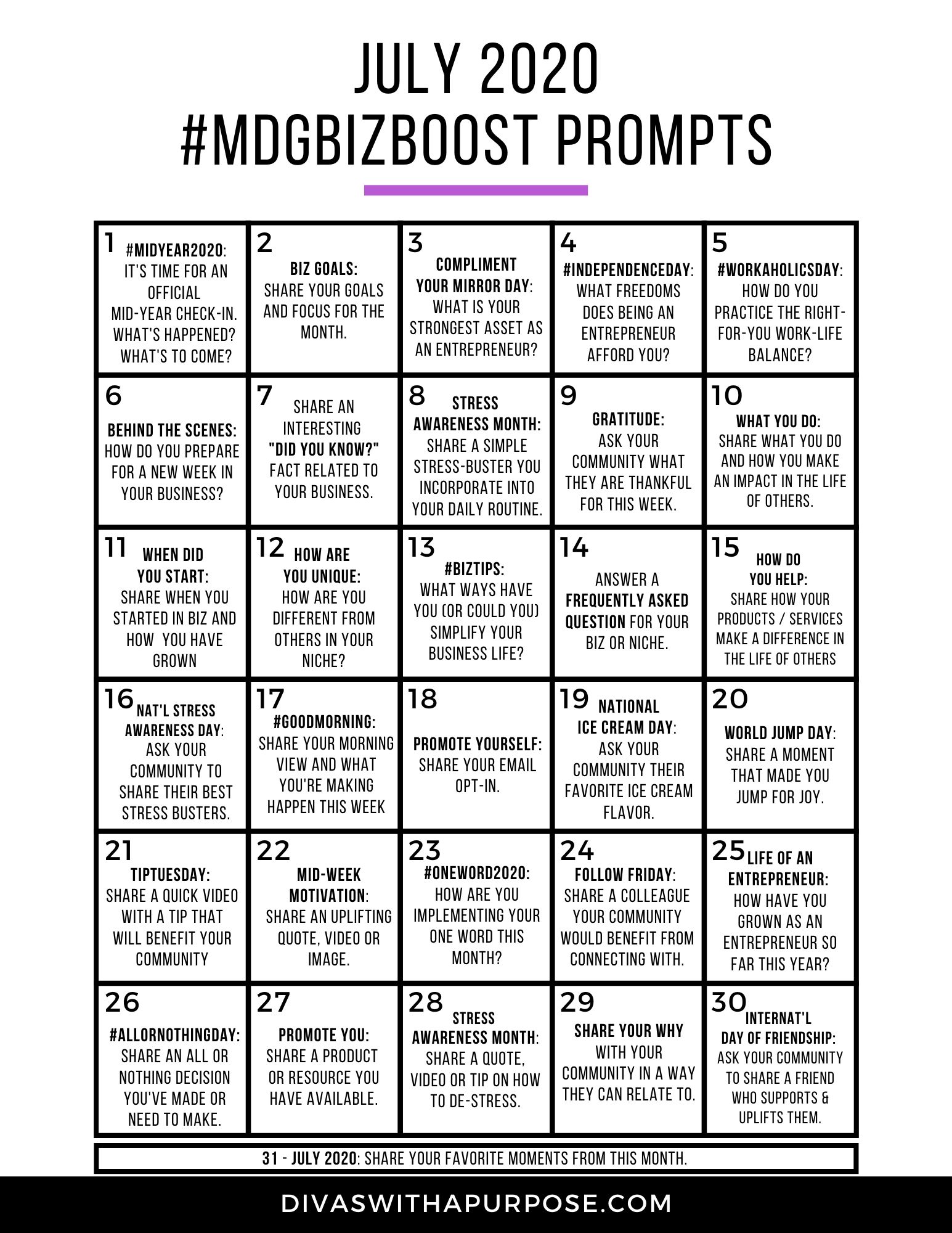 This article shares 31 July Social Media Prompts to help you show up consistently prepare your social media content calendar for the month. #socialmediaprompts #biztips #femaleentrepreneur