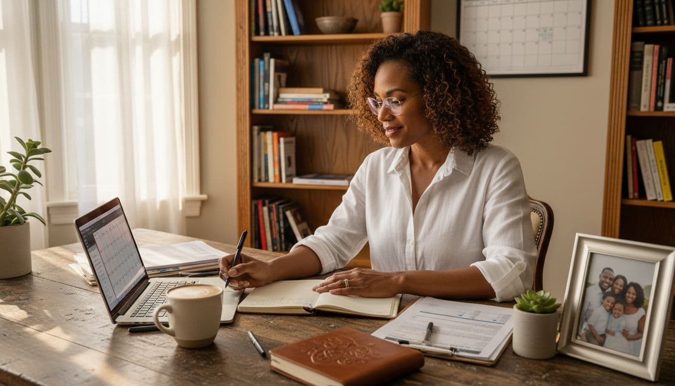 Black woman in her 40s writing in a planner at her home office while working on her laptop to stay productive in her business