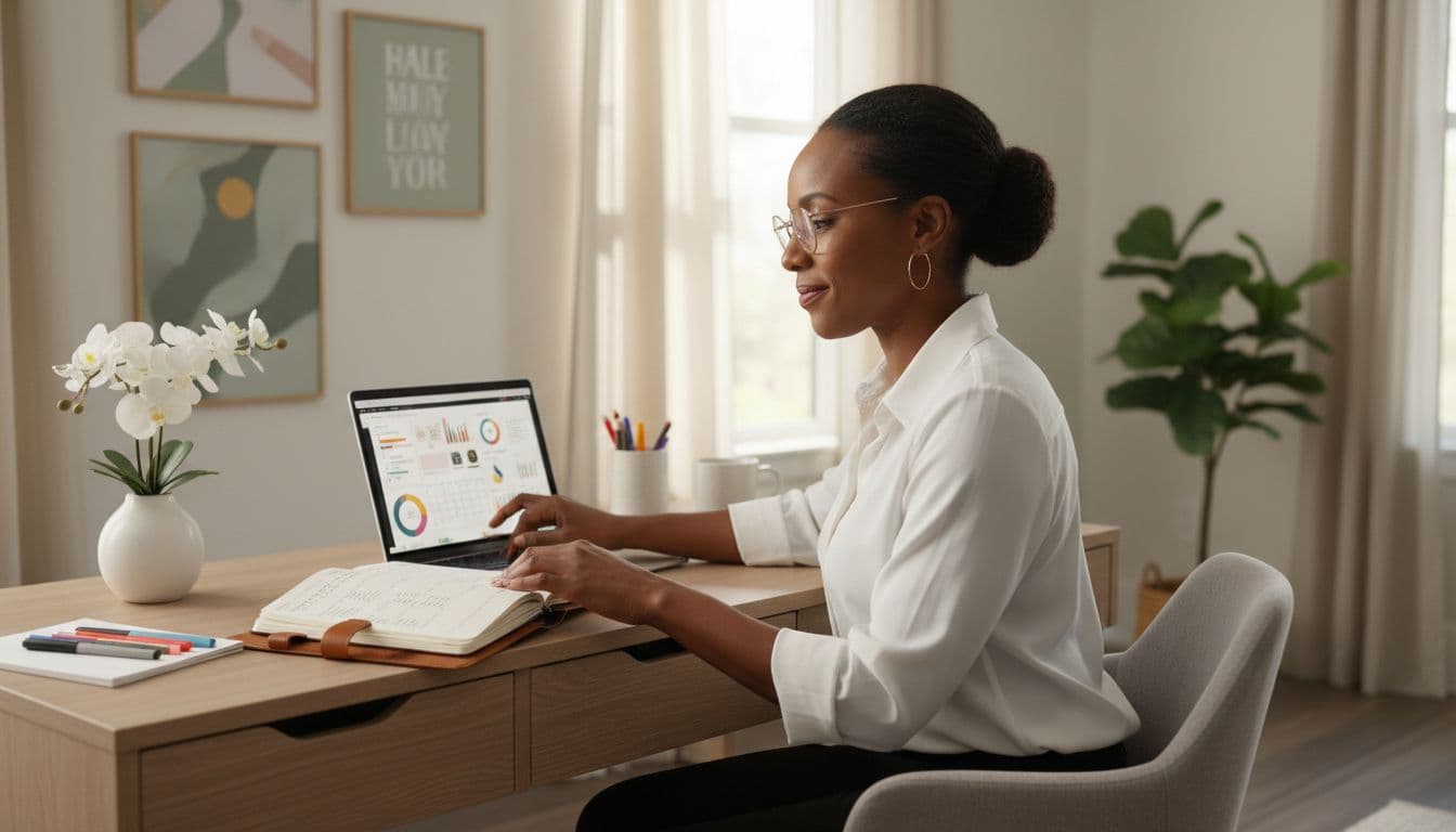 Black woman in her 40s working at a home office desk with a planner and laptop, reviewing goals to stay productive in her business