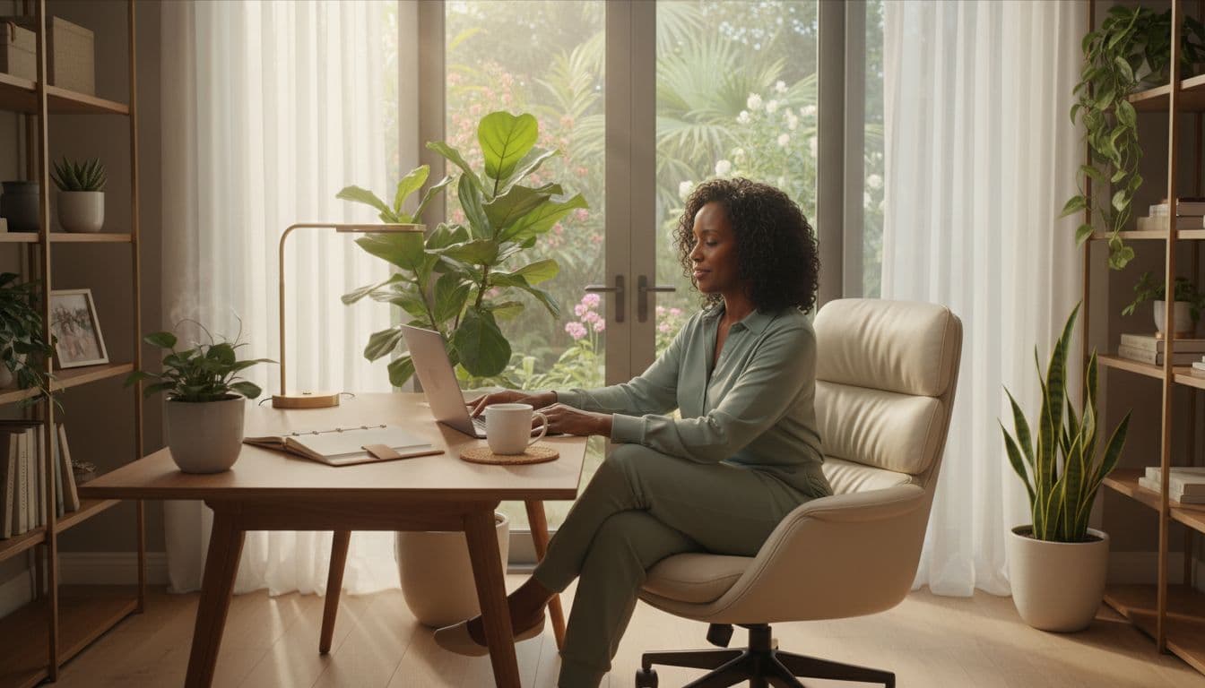 Black woman in her 40s working at a peaceful home office surrounded by plants and natural light to support productivity in her business