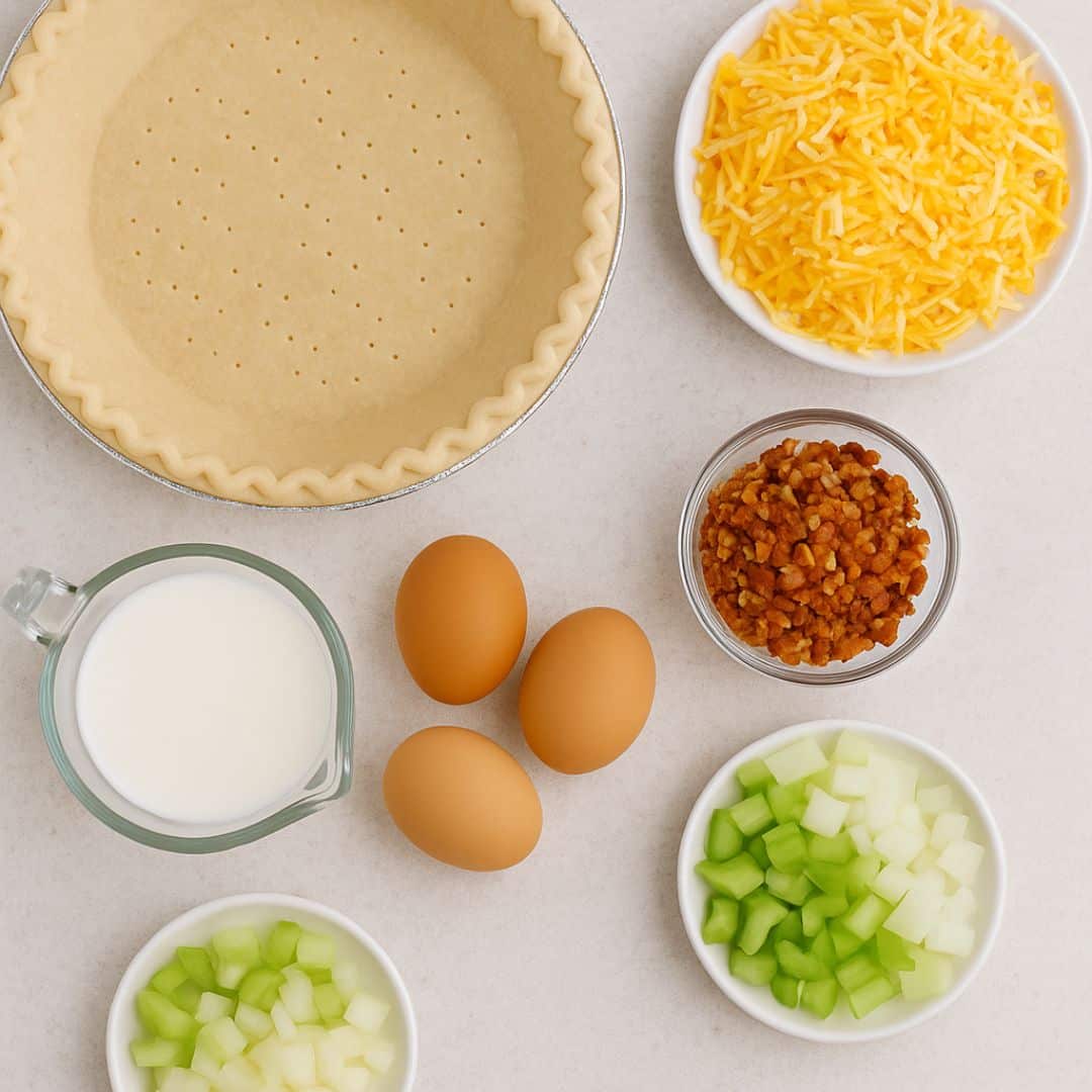 imple ingredients for an easy quiche, including eggs, cheese, bacon bits, and vegetables.