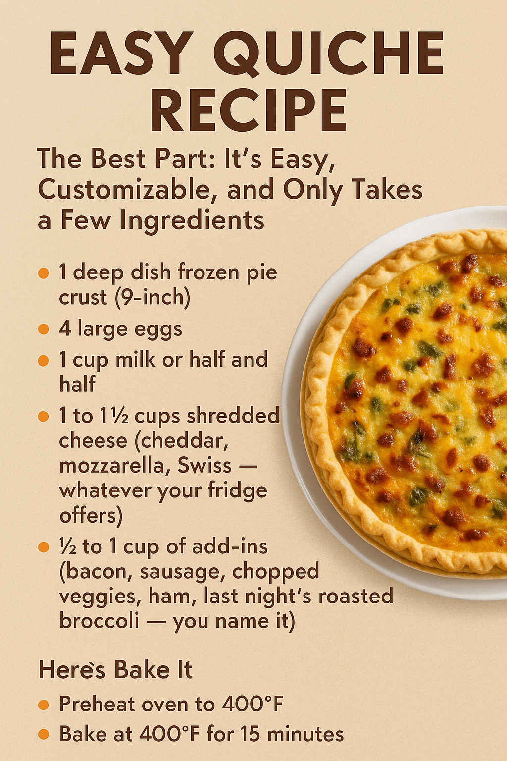 Easy Quiche Recipe ingredients and step-by-step instructions with a warm, golden-brown quiche on a white plate