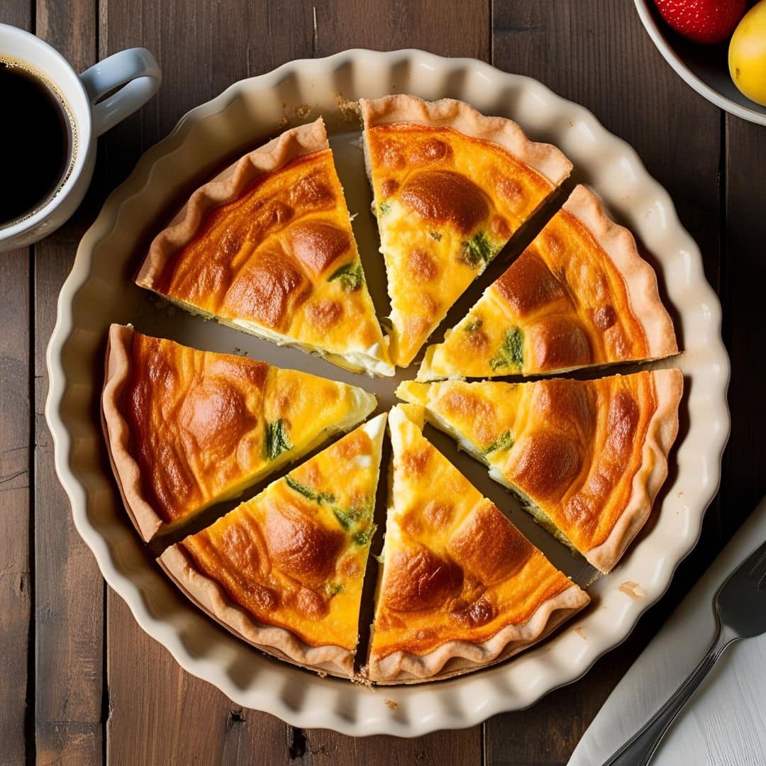 Freshly baked easy quiche served on a table with a cup of coffee.