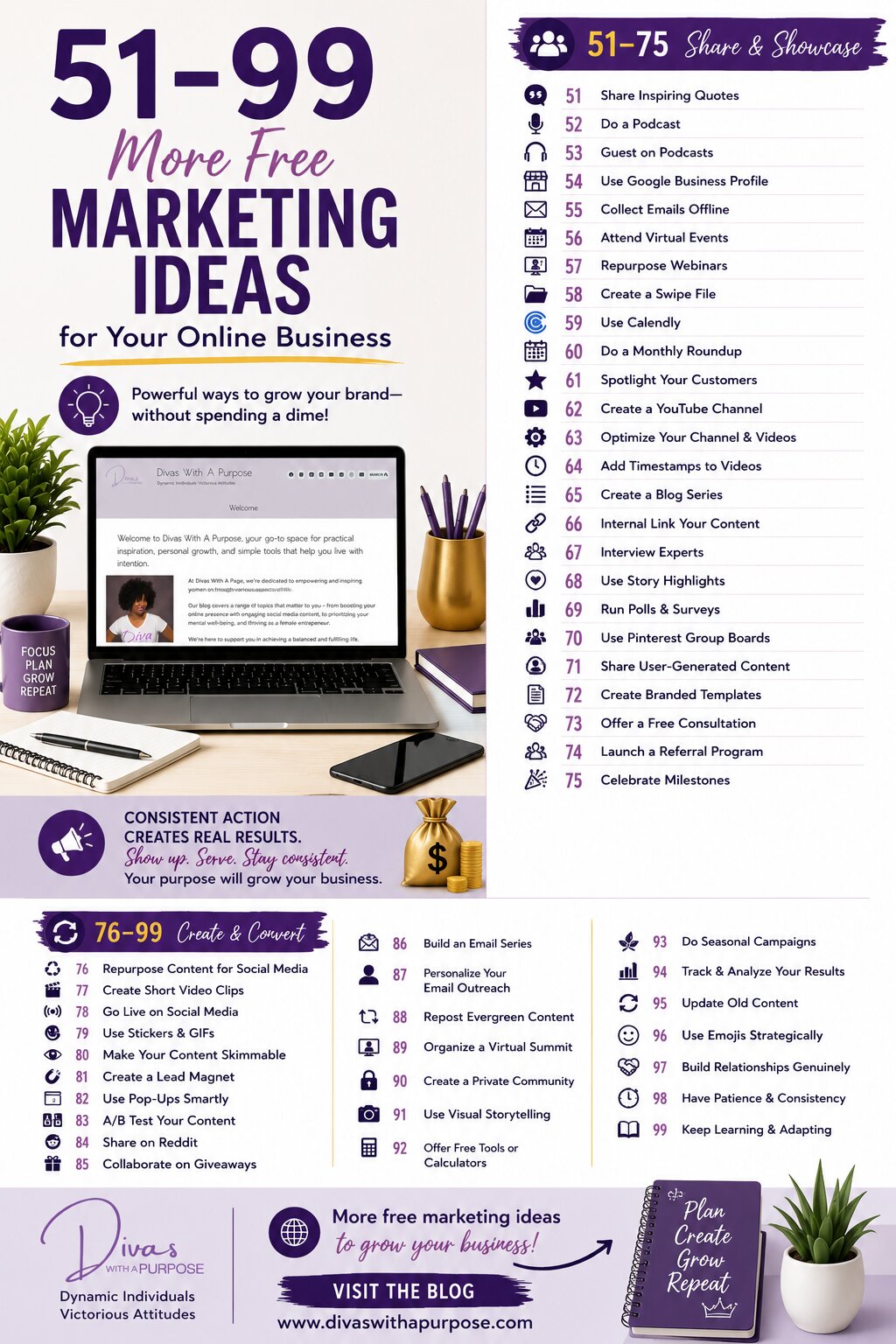 Infographic featuring marketing ideas 51 through 99 for entrepreneurs, including email marketing, referrals, webinars, YouTube, customer service, SEO, networking, partnerships, and business growth strategies.