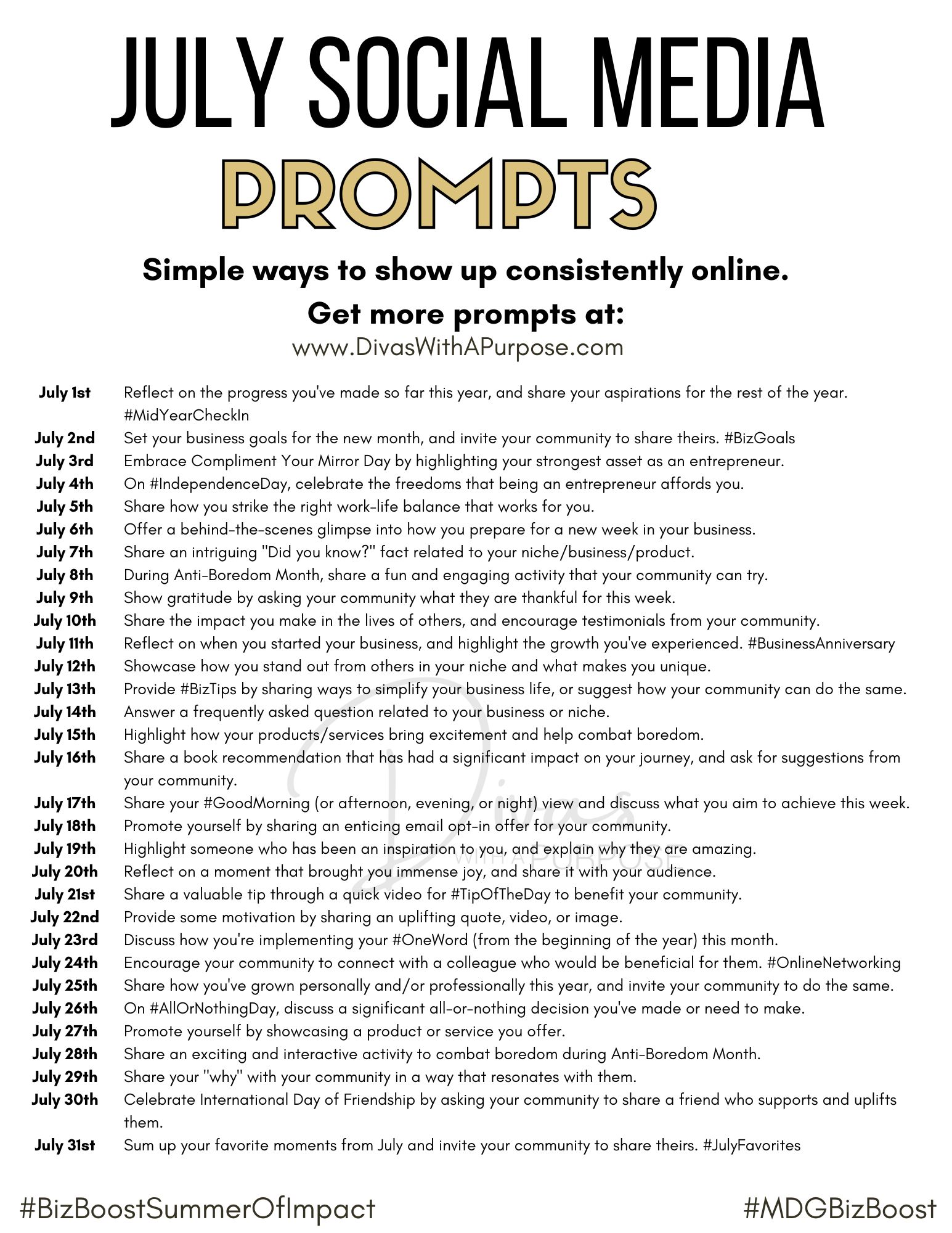 List of July Social Media Prompts