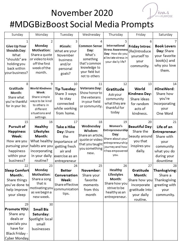 Here are 30 November Social Media Prompts to help you show up consistently and prepare your social media content calendar for the month.