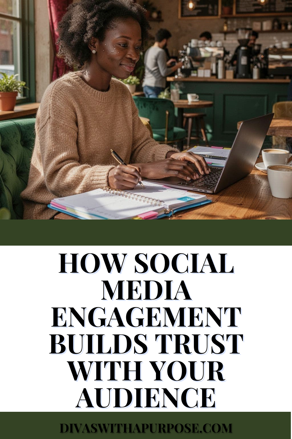 African American female entrepreneur working on a laptop in a cozy coffee shop while planning social media content and audience engagement strategies, Pinterest graphic about building trust through social media engagement.