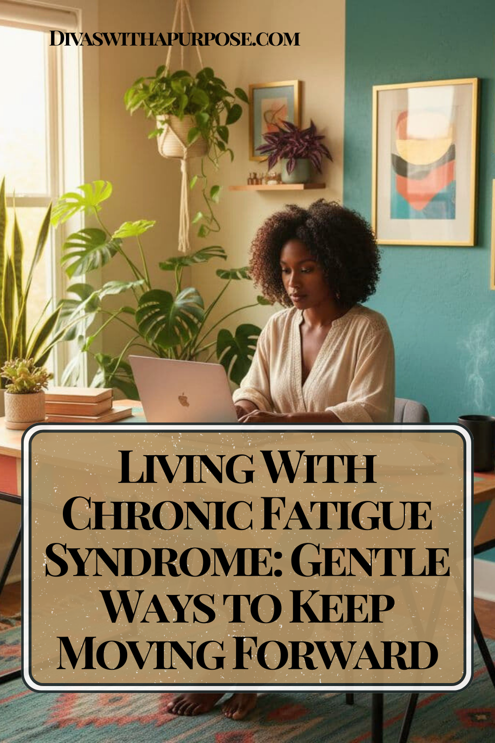 Black woman working on a laptop in a bright home office with plants and colorful decor, representing living and working with chronic fatigue syndrome.