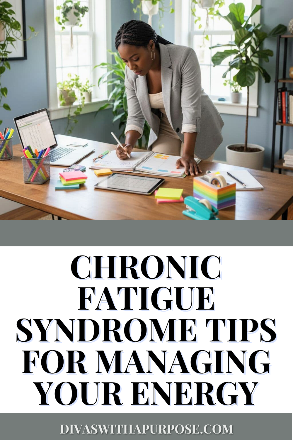 Black woman entrepreneur planning tasks in a notebook at a desk with a laptop and colorful office supplies, showing chronic fatigue syndrome energy management strategies.