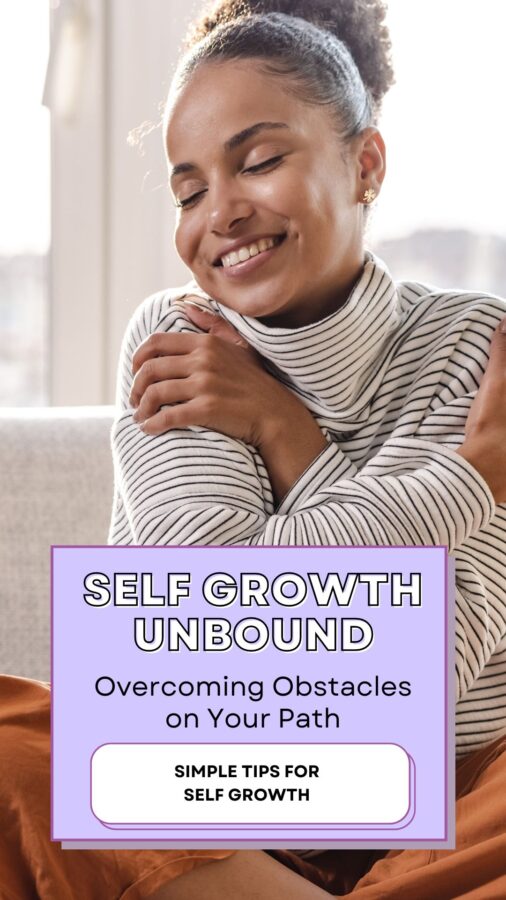 Woman hugging herself with caption Self Growth Unbound