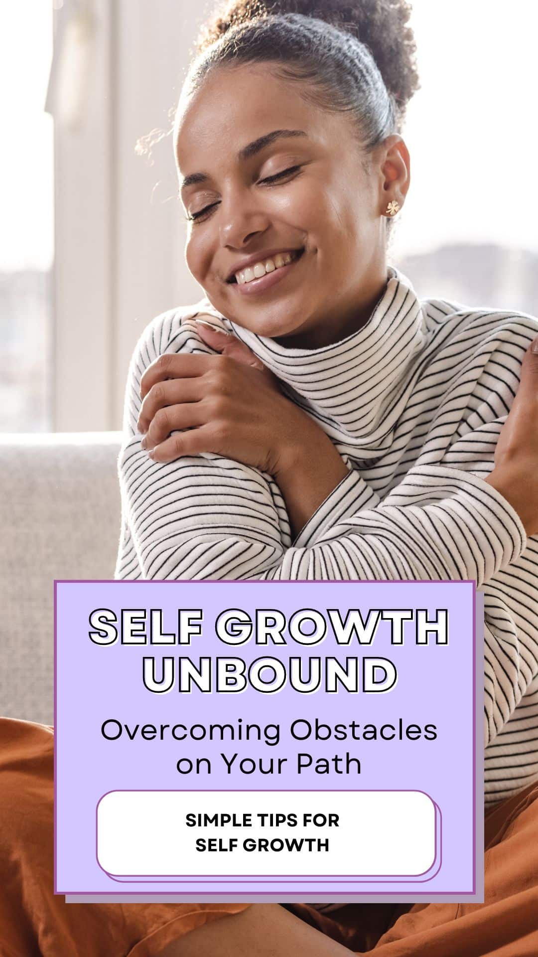 Woman hugging herself with caption Self Growth Unbound 