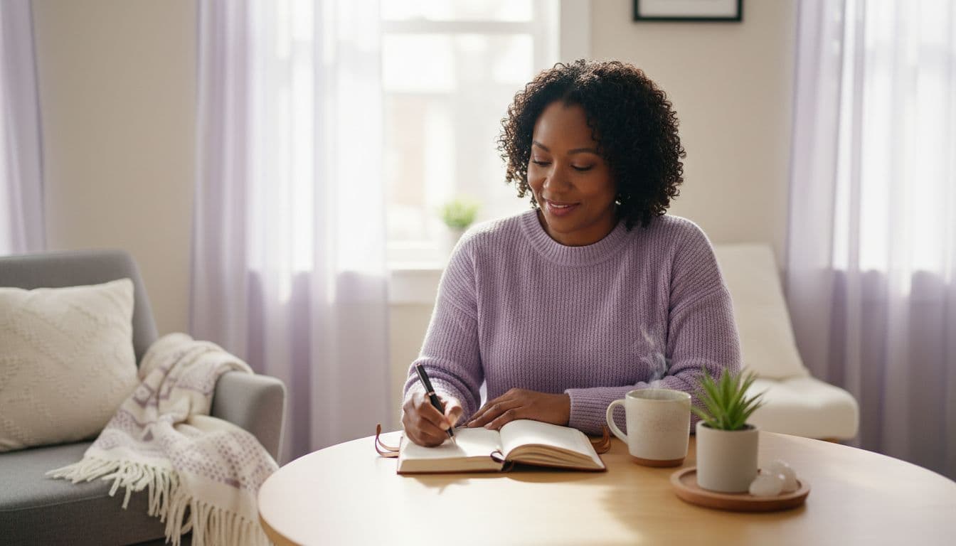 Black woman journaling personal growth goals near a sunny window with coffee and a plant