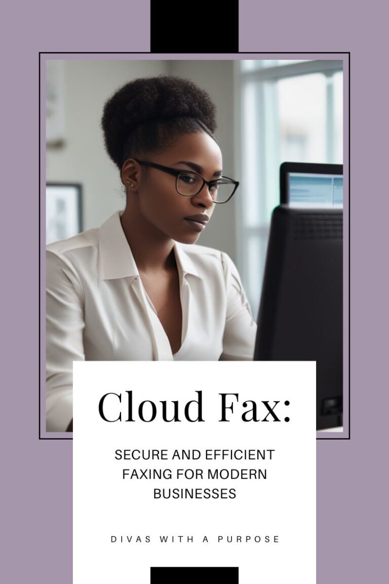 A woman at a desk using a laptop, integrating with a cloud-based fax server for efficient document management.