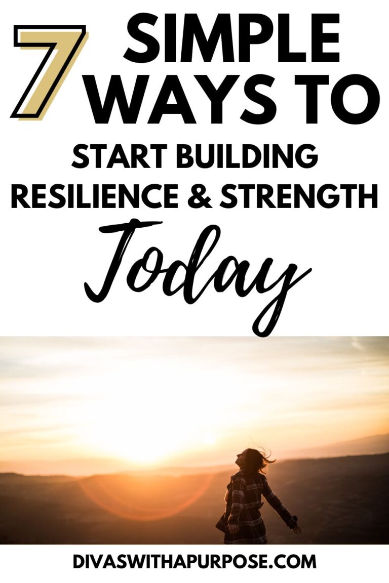 Pinterest graphic with the title ‘7 Simple Ways to Start Building Resilience and Strength Today,’ featuring a woman standing on a mountaintop at sunrise with arms open wide, symbolizing confidence, freedom, and emotional strength.