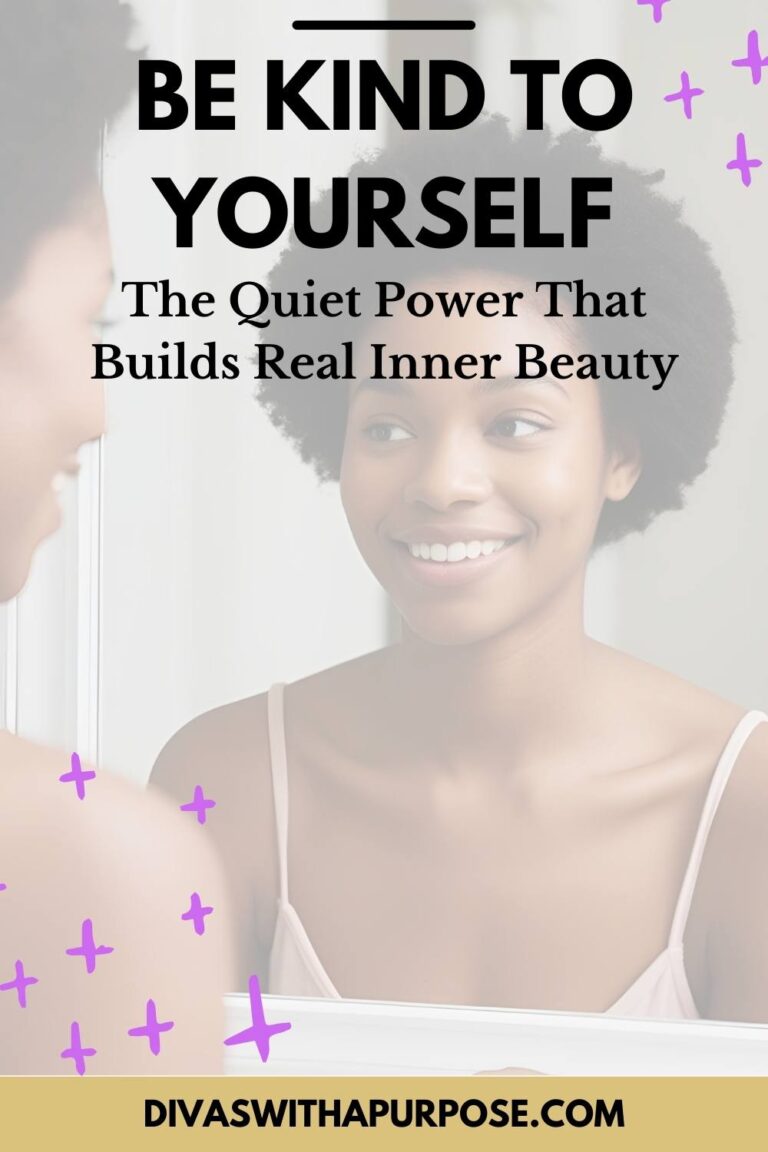 Pinterest graphic with the text “Be Kind to Yourself: The Quiet Power That Builds Real Inner Beauty,” featuring a smiling woman looking at herself in the mirror. The image promotes self-compassion and the concept of being beautiful inside out.
