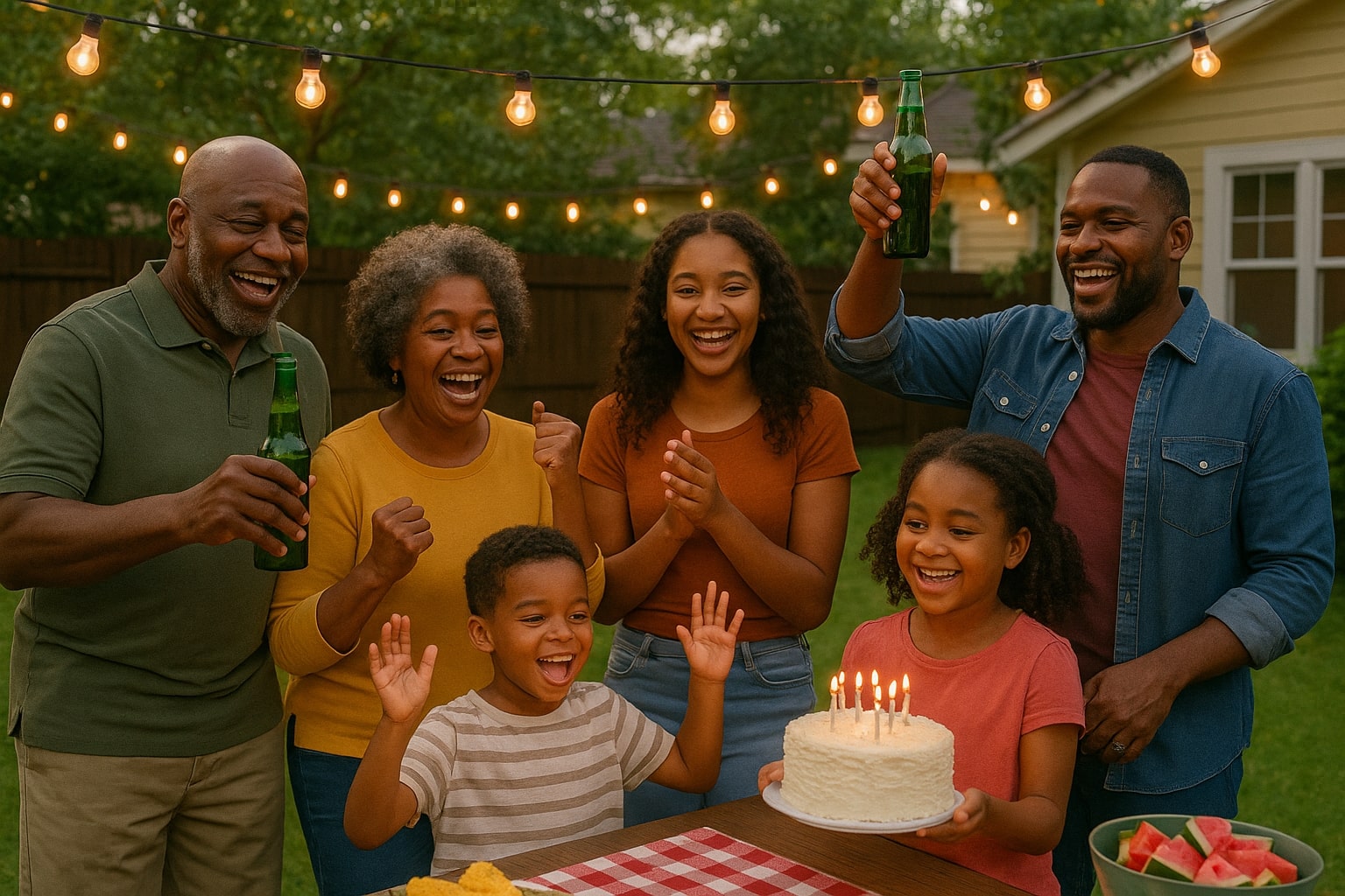A Black family of six celebrating together in their backyard, with twinkling string lights above. The family is gathered around a table with a birthday cake, laughing and enjoying each other's company in a warm, inviting atmosphere.