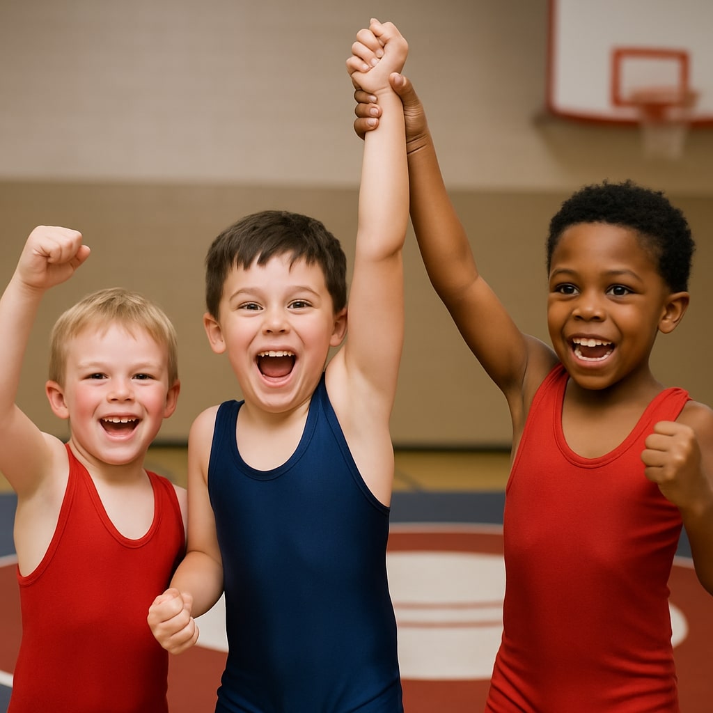 Three young boys celebrating a wrestling win in a gymnasium, with their fists raised in triumph.
