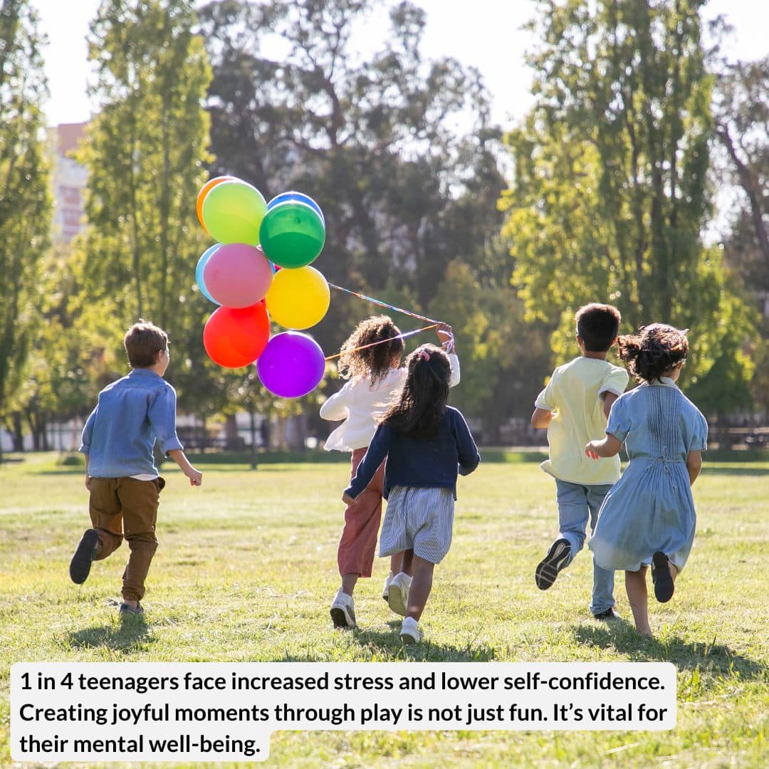 A diverse group of children running across a grassy field in a backyard, holding colorful balloons. The sun shines through the trees as they play together joyfully.