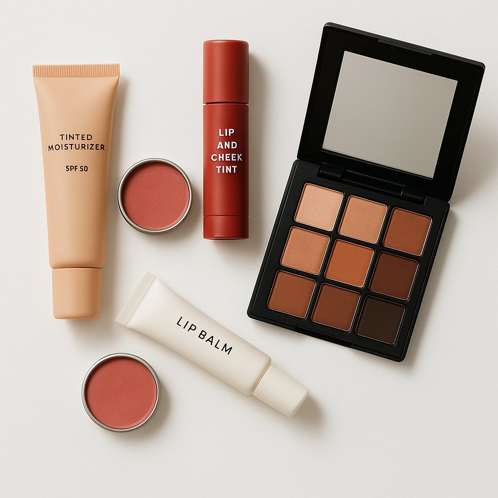 A collection of multipurpose beauty products, including tinted moisturizer, lip and cheek tints, and an all-in-one palette, promoting quick beauty habits.A collection of multipurpose beauty products, including tinted moisturizer, lip and cheek tints, and an all-in-one palette, promoting quick beauty habits.